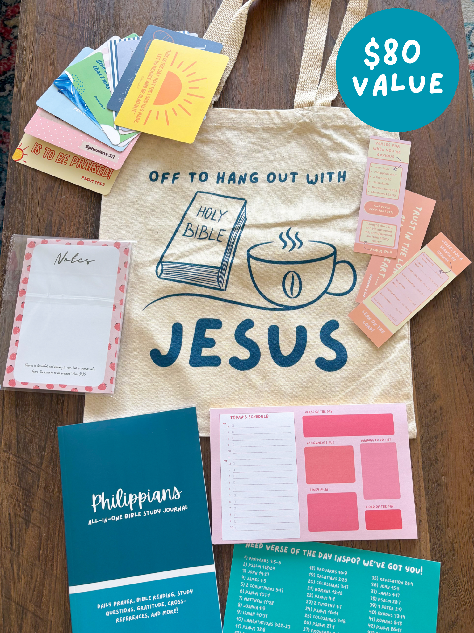 a spread of various christian products on a table and a image that says $80 value