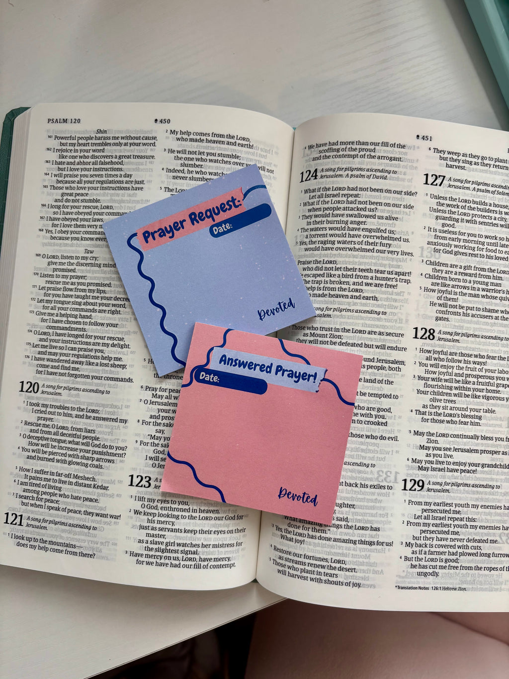 Open Bible with prayer request sticky notes on top