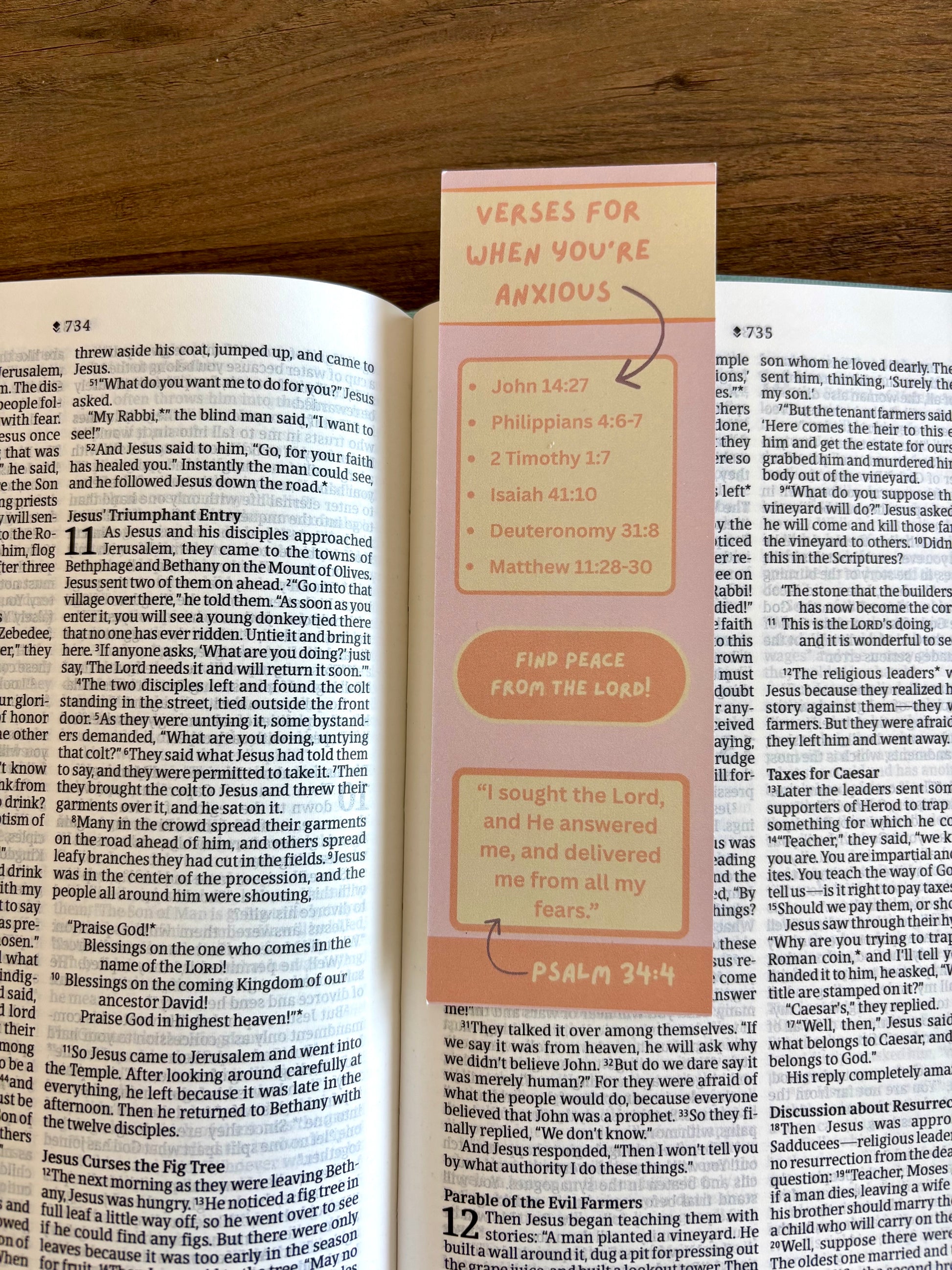 Open book with a pink bookmark titled 'Verses for When You're Anxious' on a wooden surface.