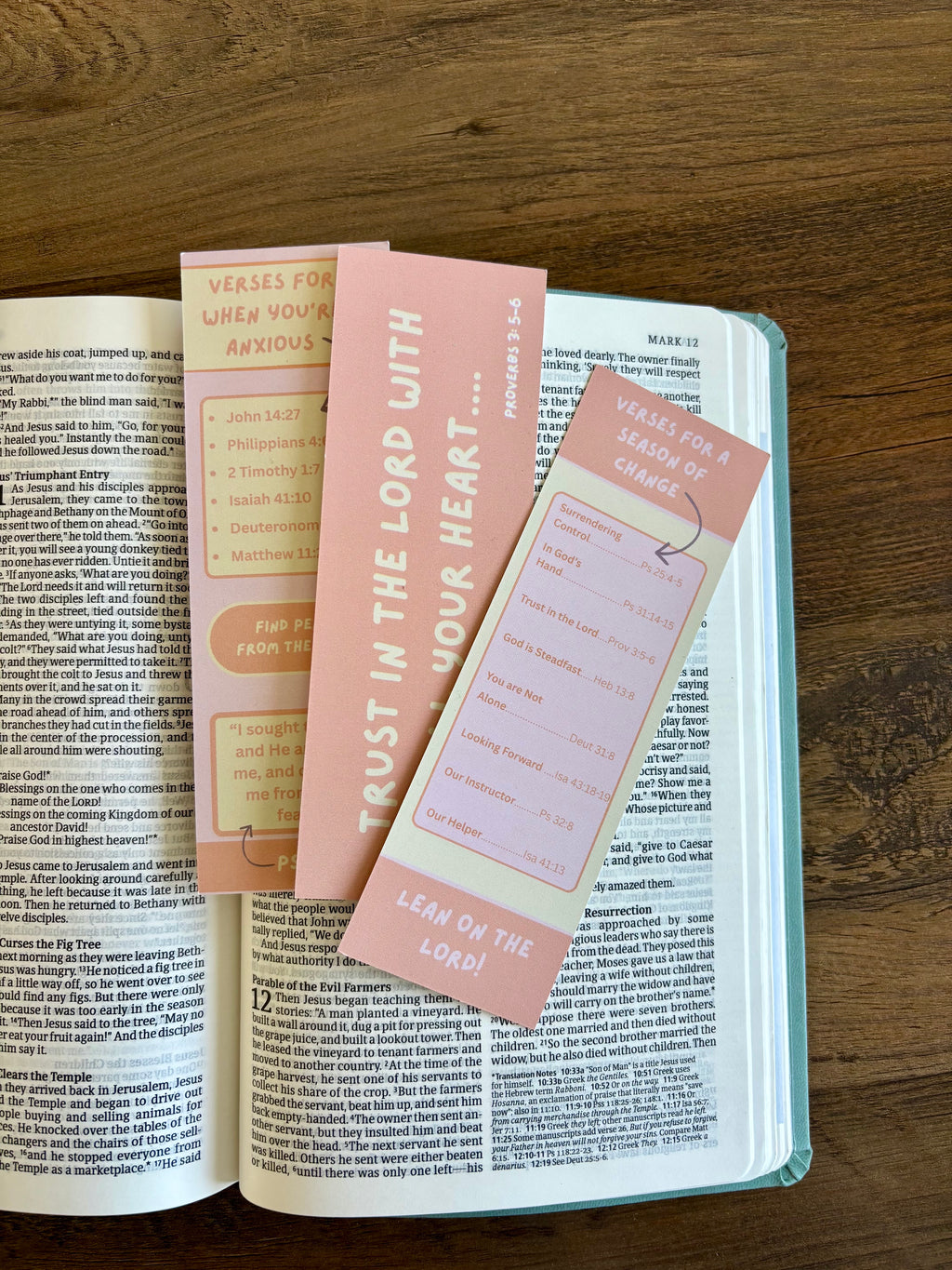 Open book with pink bookmarks on a wooden surface