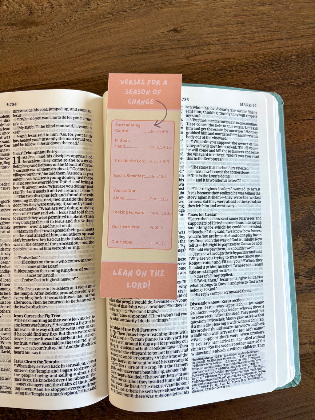 Open book with a pink bookmark titled 'Verses for a Season of Change' on a wooden surface.