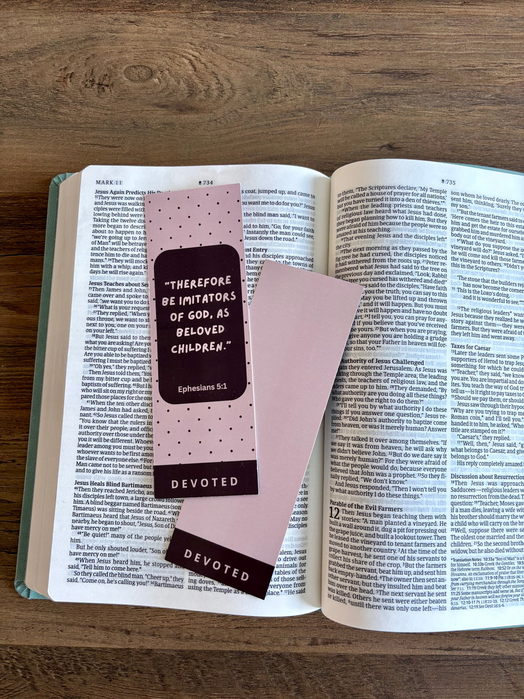 Open book with a pink bookmark featuring a Bible verse on a wooden surface