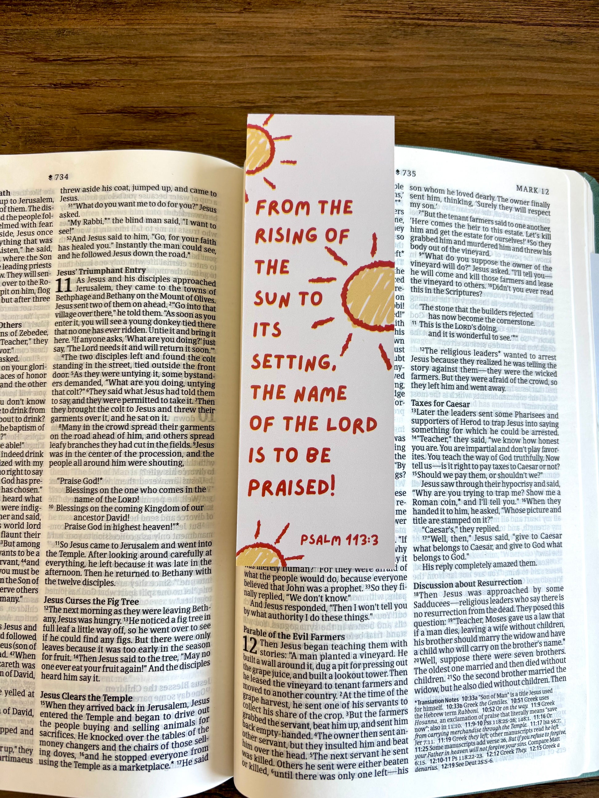 Open book with a decorative bookmark featuring sun illustrations and text.