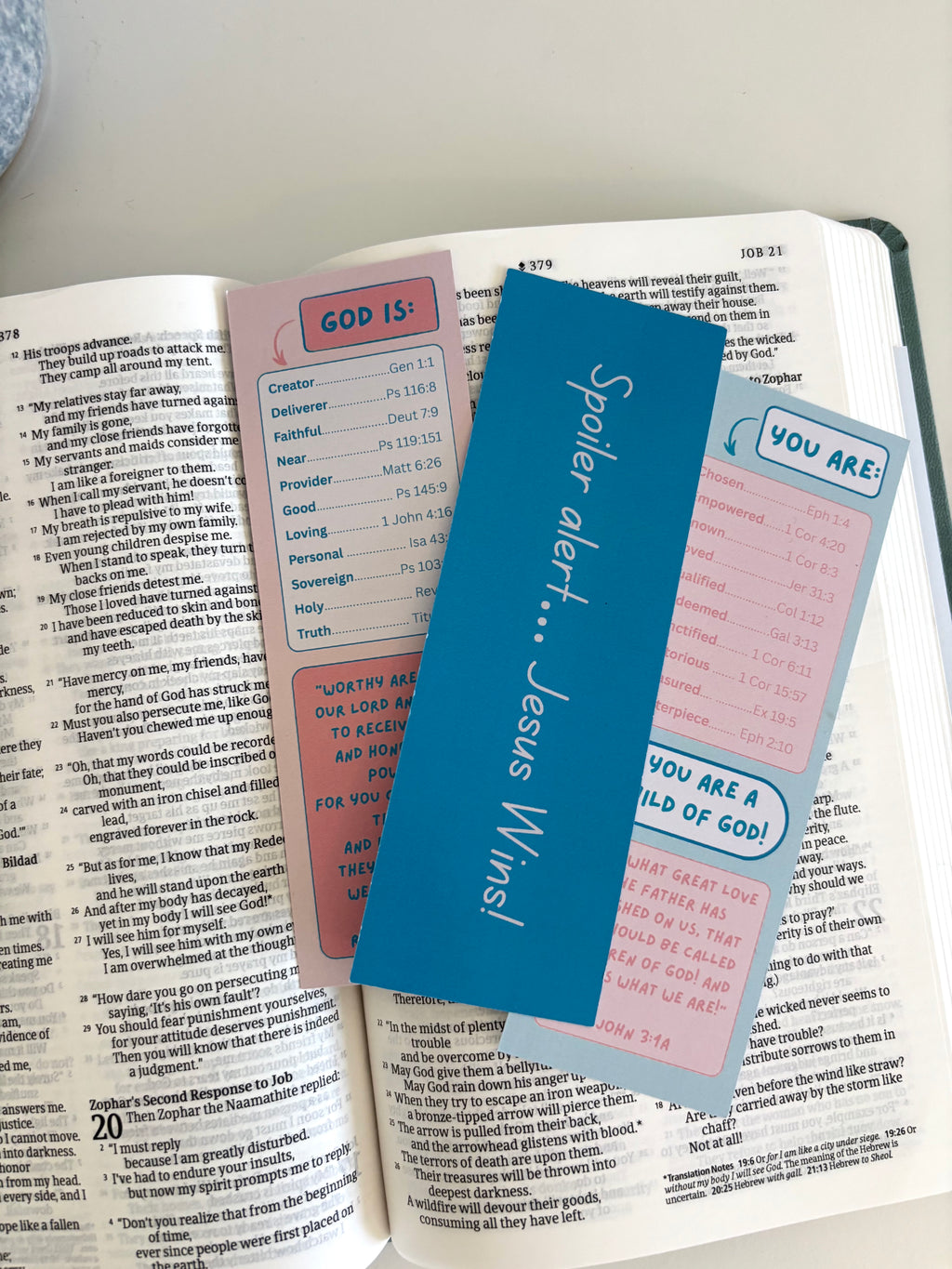 Open book with colorful christian bookmarks on a white background
