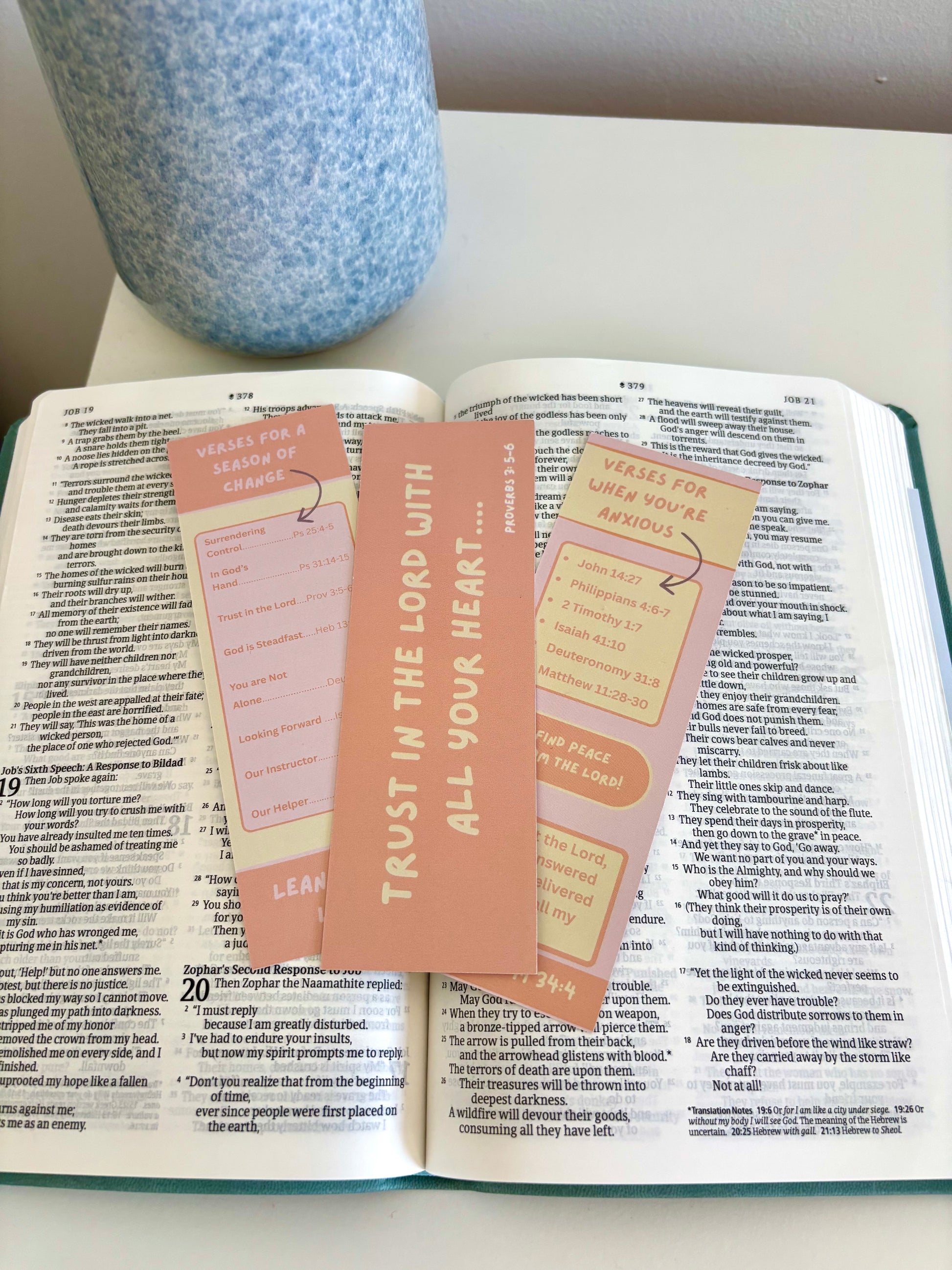 Open book with pink bookmarks on a white surface