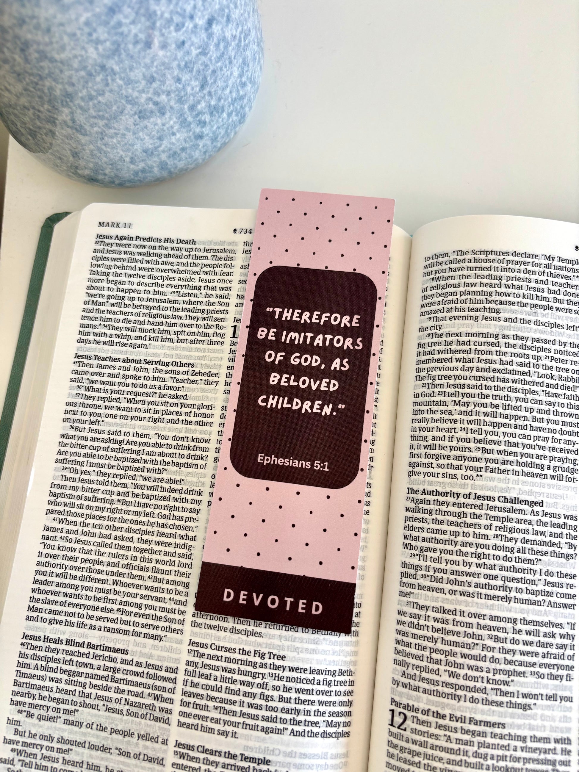 Open book with a pink bookmark featuring text and 'Devoted' branding.