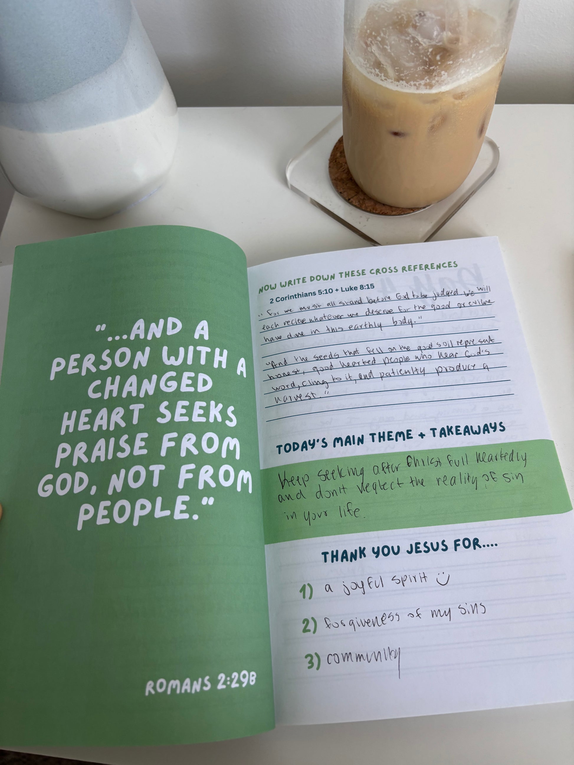 open Bible study with a bible verse and journal prompts
