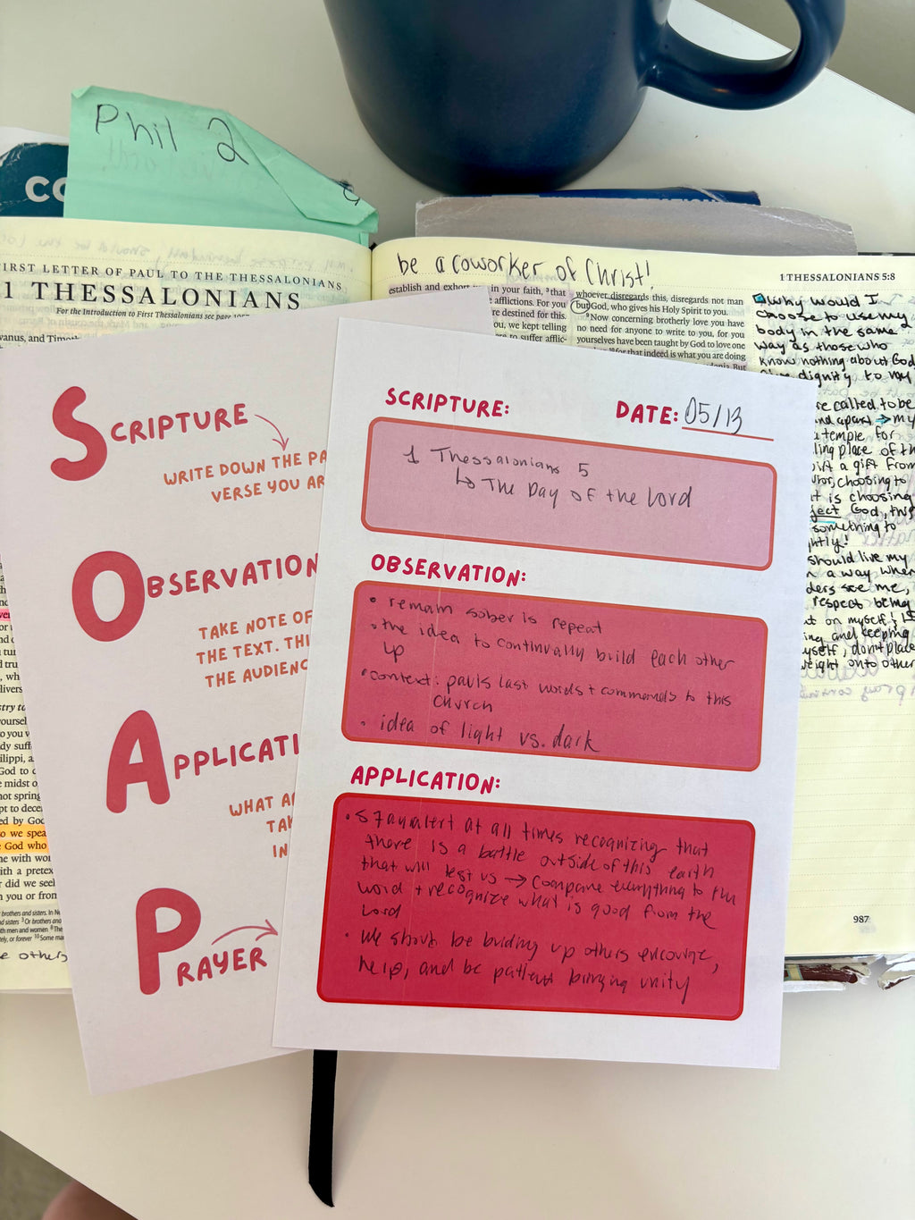 Notebook with SOAP prayer method on a table with a coffee mug and books.