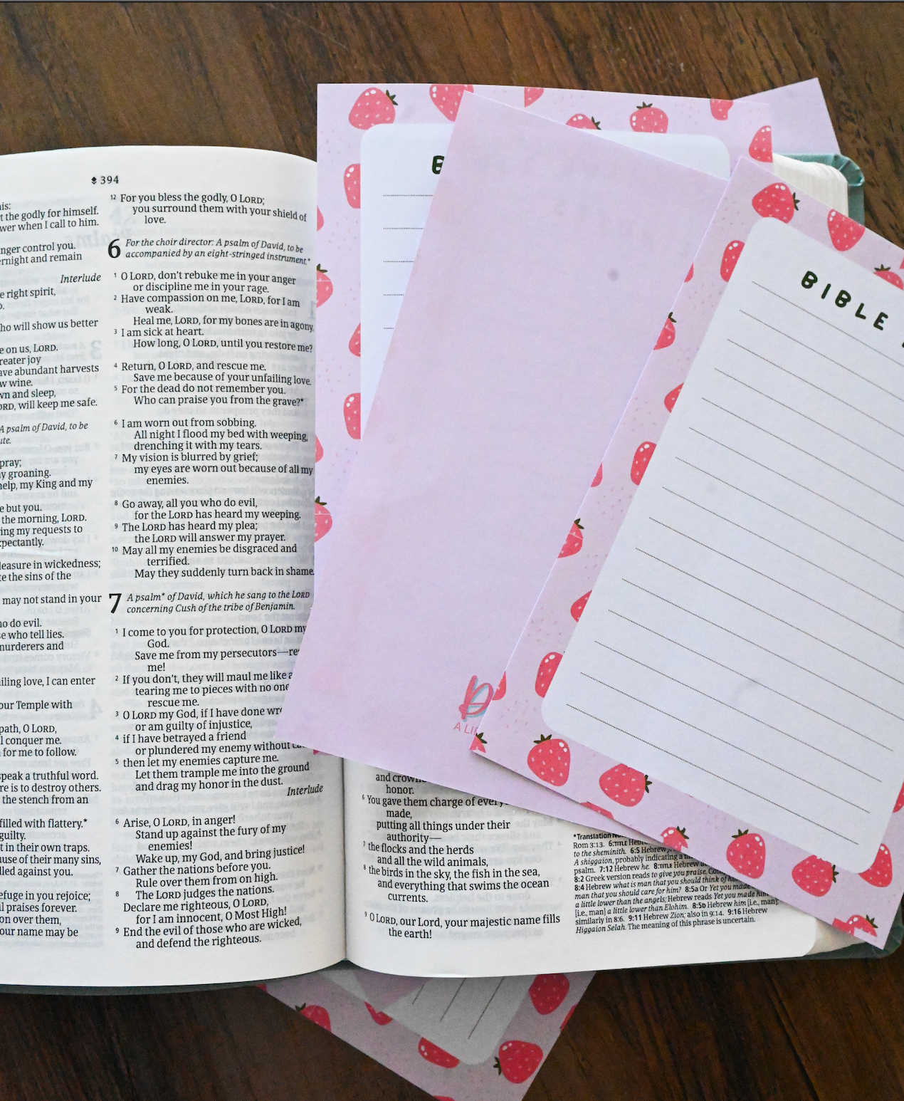 Open book with strawberry-patterned notebooks on a wooden surface