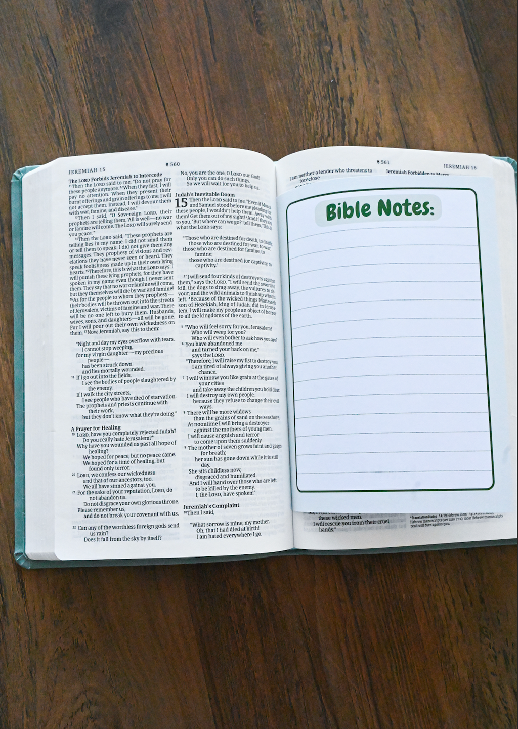 Open book on a wooden surface with 'Bible Notes' page.